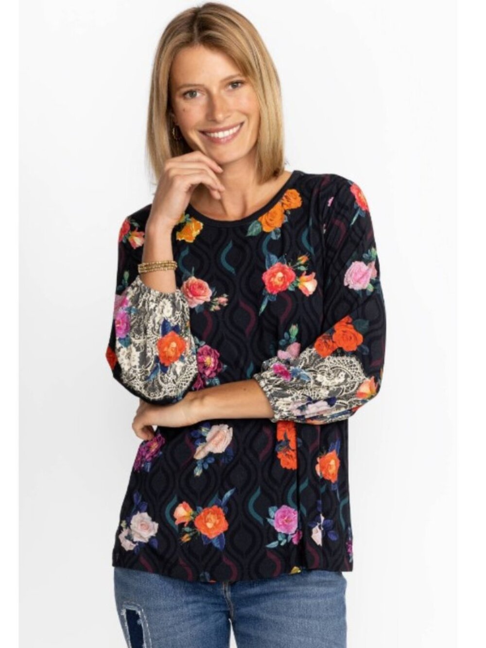 Johnny Was Rose Lace Puff Sleeve Top NWT Size Small